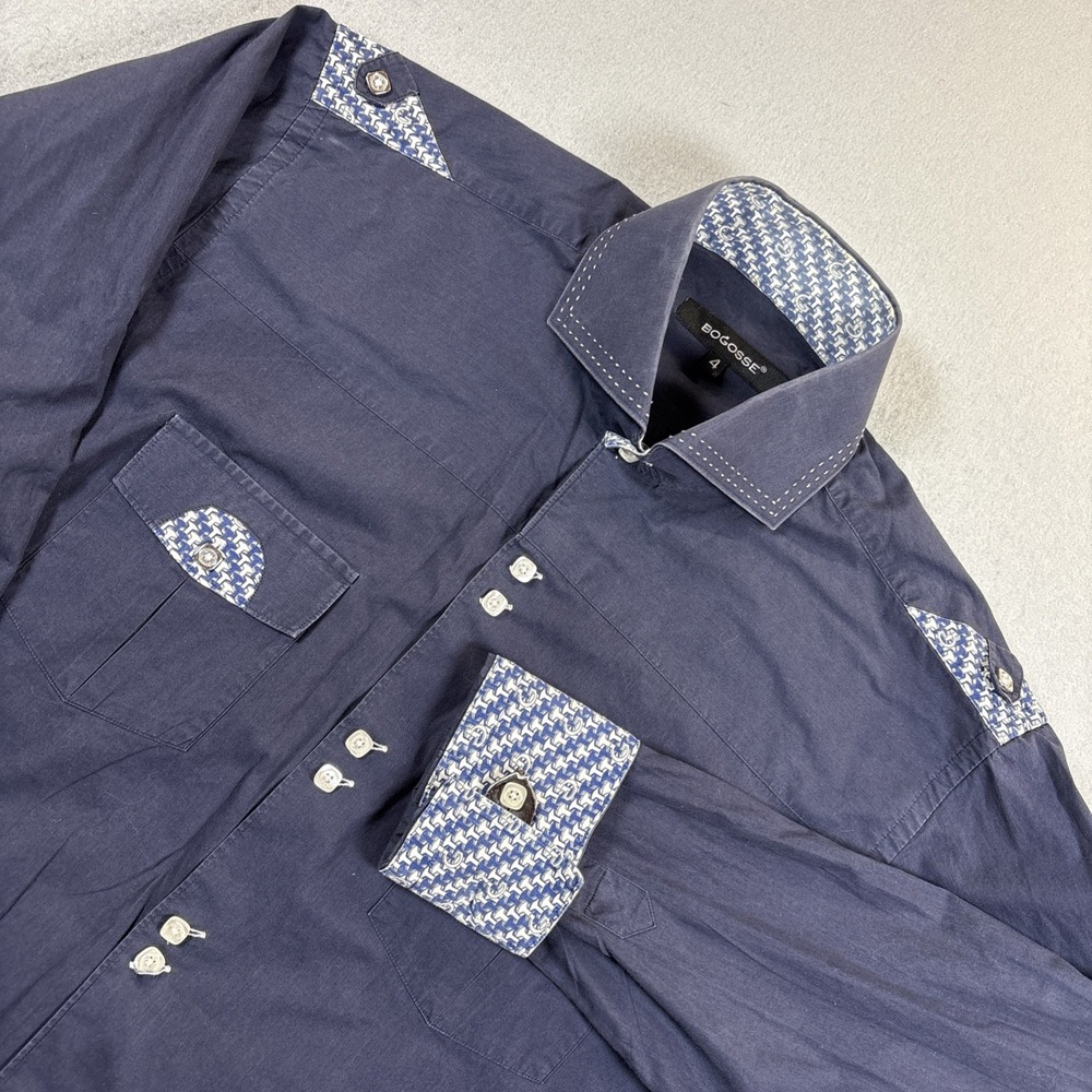 Bogosse Men Button Up Shirt 4 Large Blue Accents Long Sleeve Cotton Limited Cuff